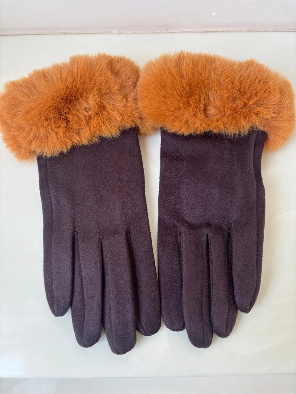 Plush Cuff Faux-Suede Women's Gloves in Chocolate Brown and Orange